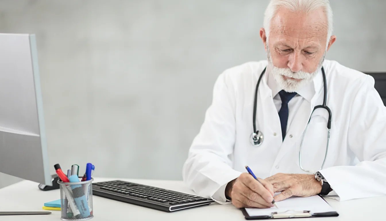 Documentos de baja médica sobre una mesa junto a una carpeta y un bolígrafo