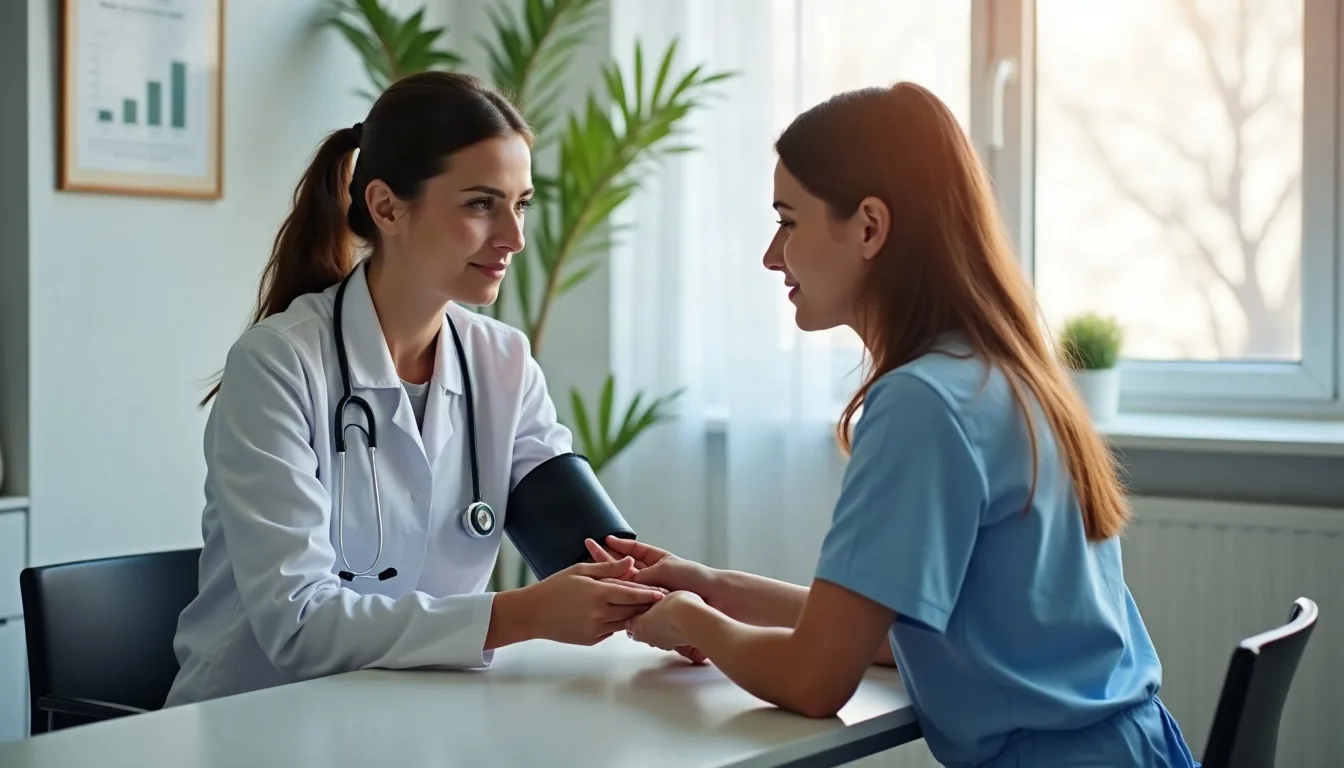 Enfermera tomando la tensión a un paciente en una consulta luminosa